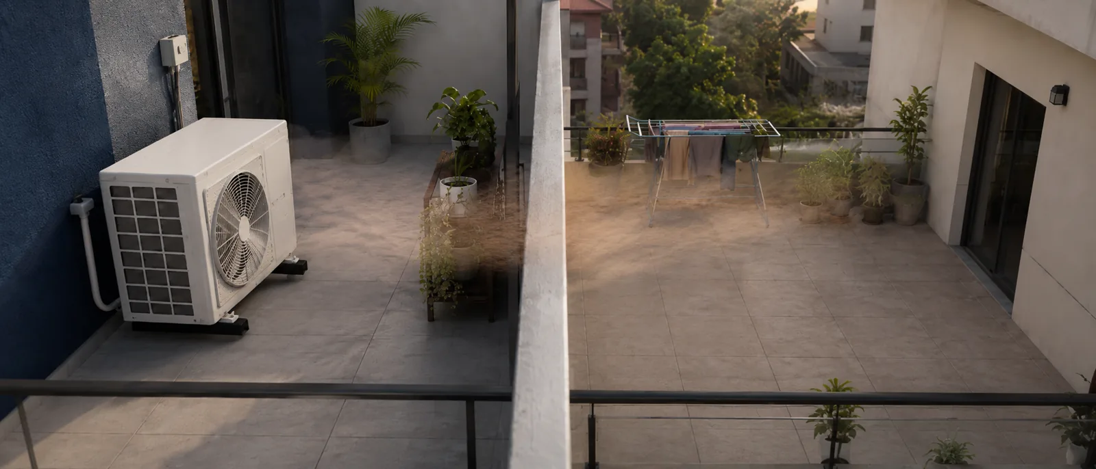 Unidad exterior de aire acondicionado en una terraza junto a una vivienda vecina
