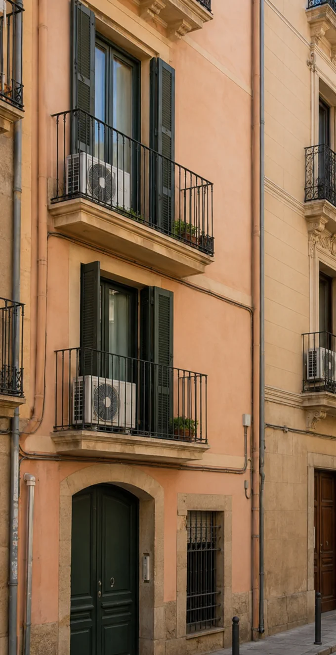 Unidades exteriores de aire acondicionado en balcones de edificios en Tarragona y Reus
