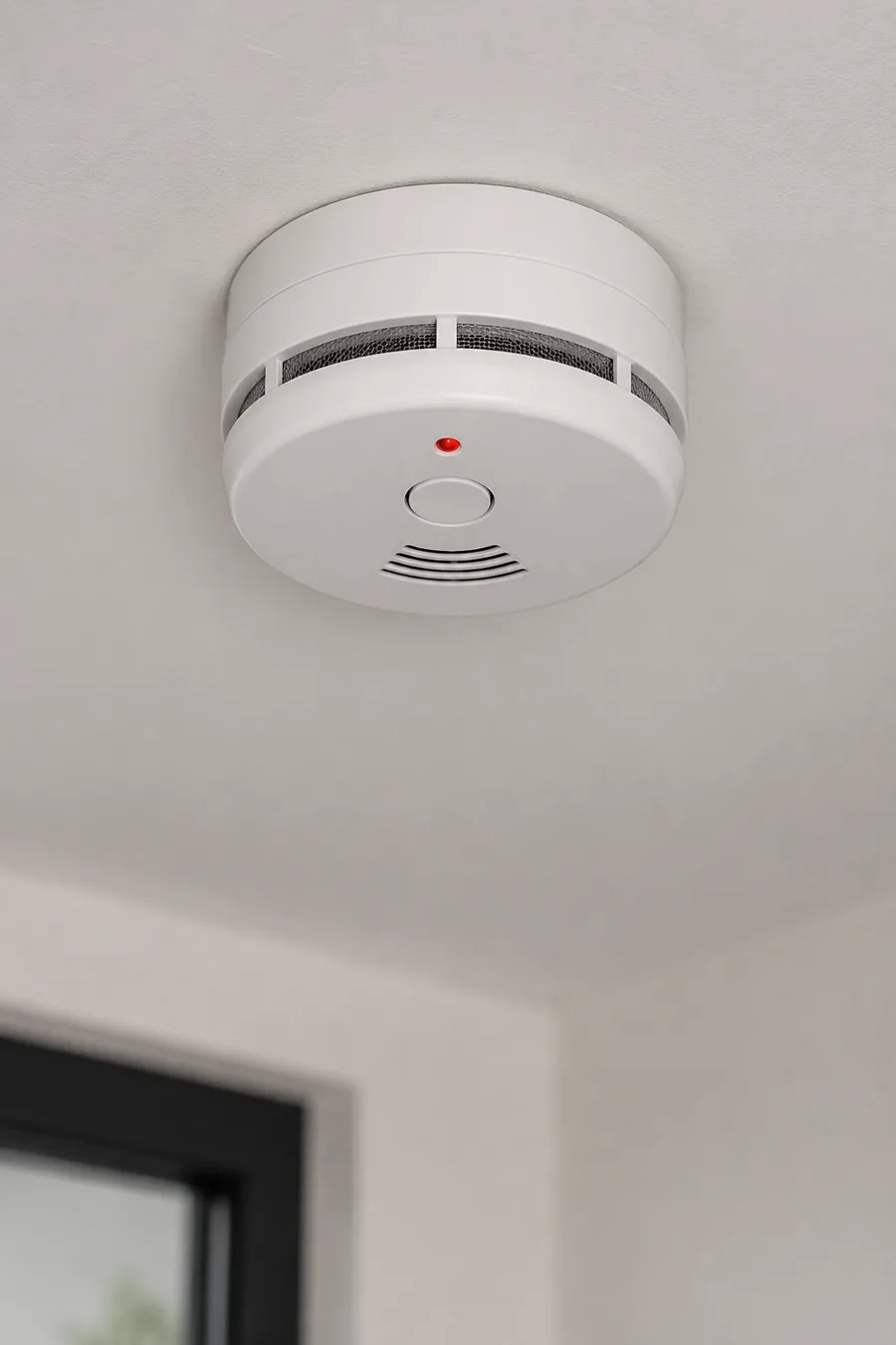 Detector de humo blanco instalado en el techo de una vivienda