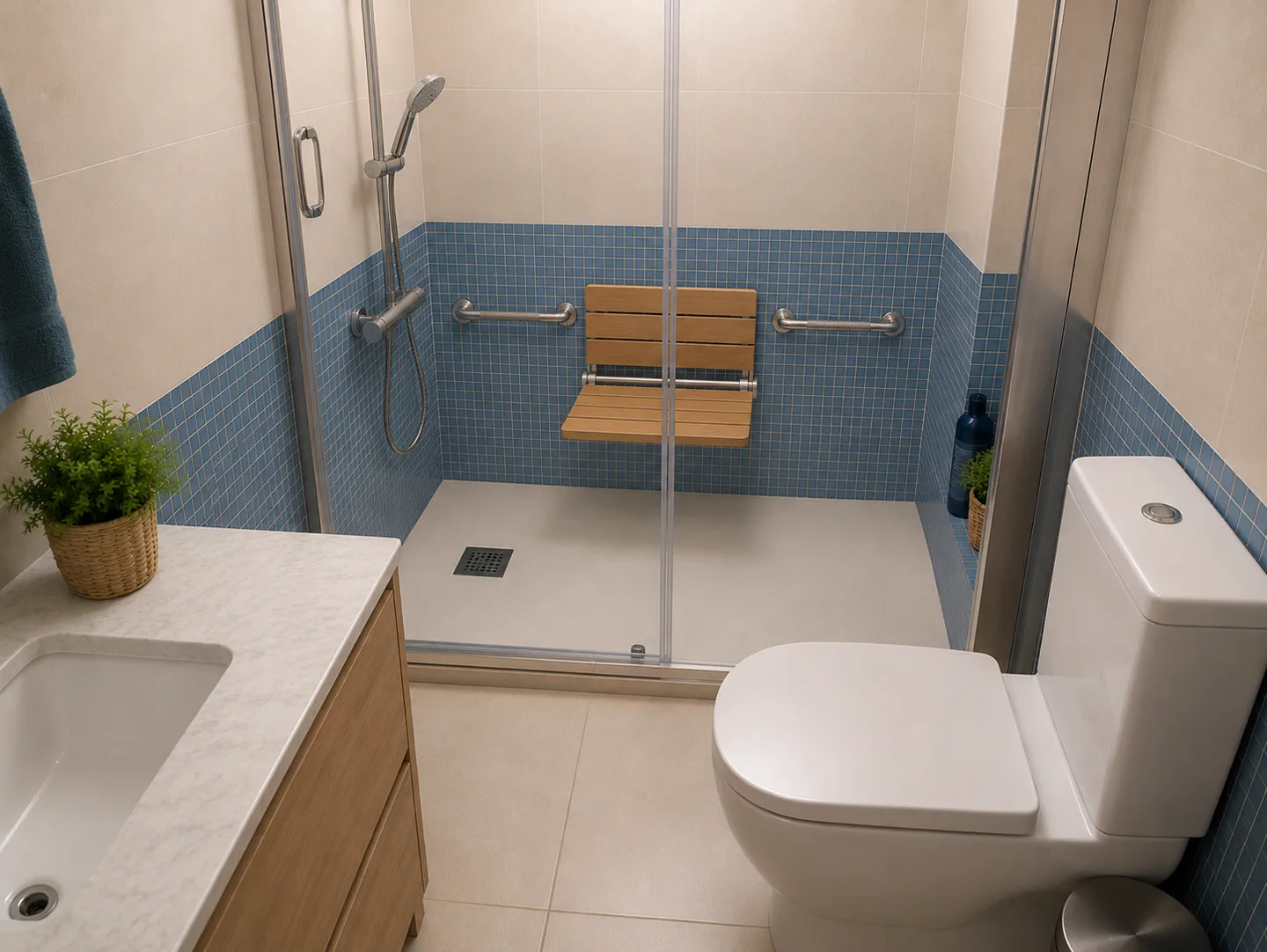 Baño adaptado con ducha sin escalón, asiento y barras de apoyo
