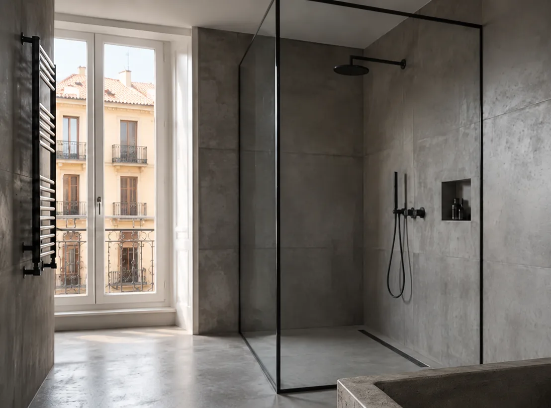Ducha a ras de suelo con impermeabilización y desagüe para evitar filtraciones