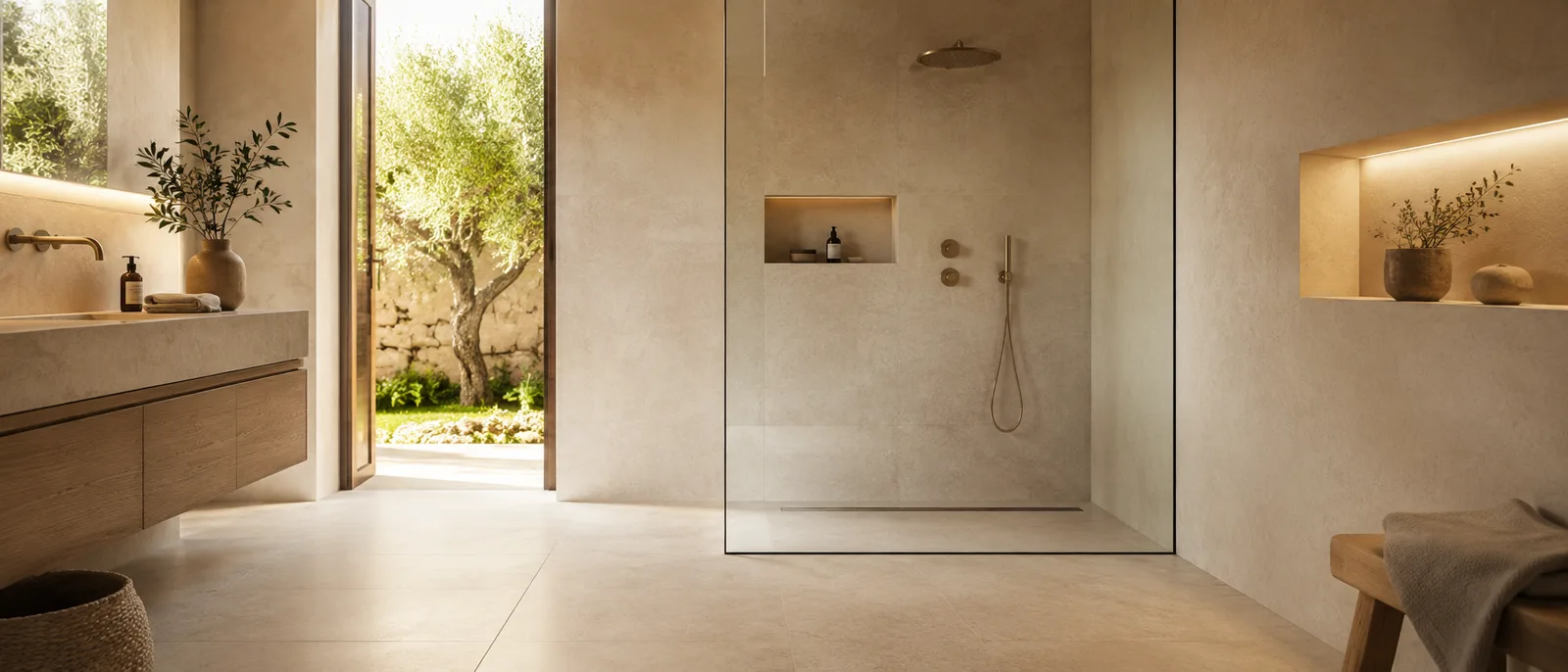 Ducha a ras de suelo con pavimento continuo en baño moderno