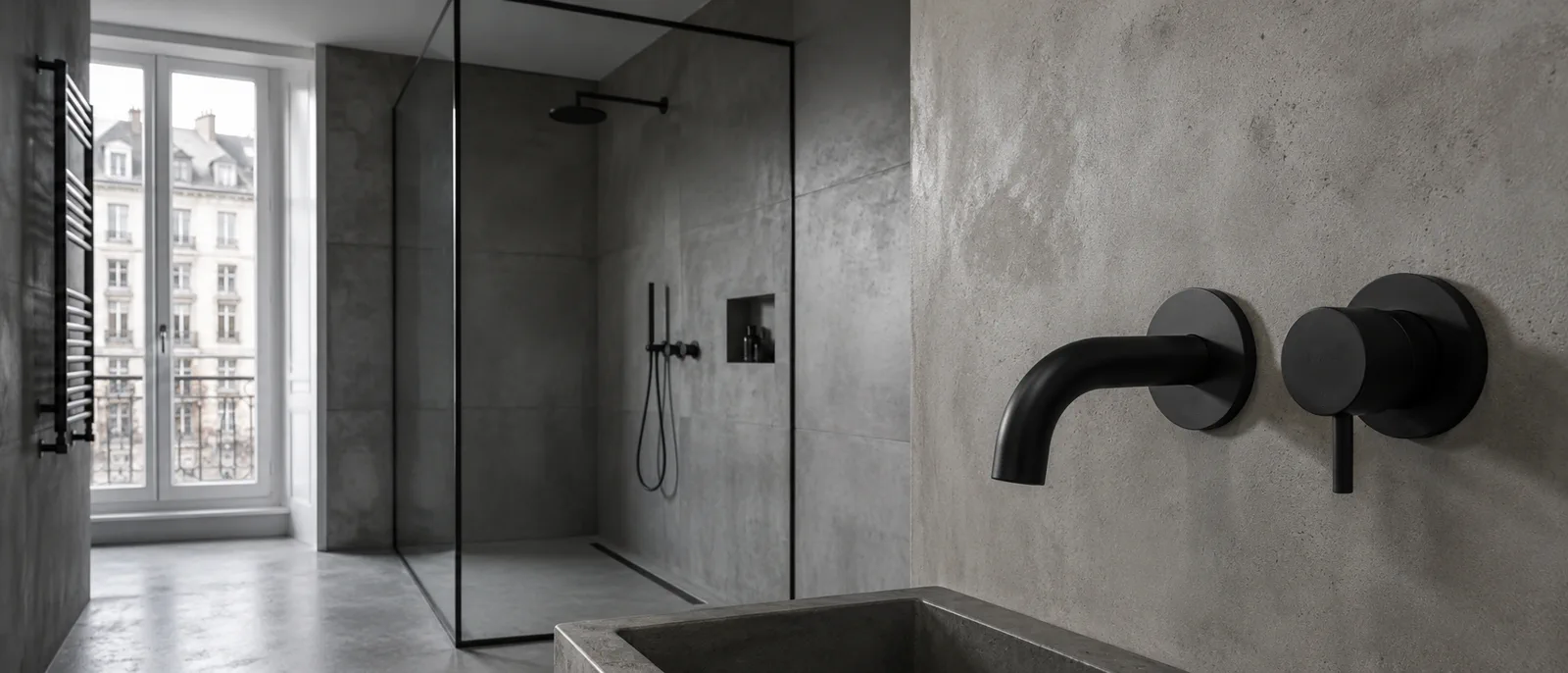 Grifería negra mate en baño moderno, tendencia también en cocinas de Tarragona