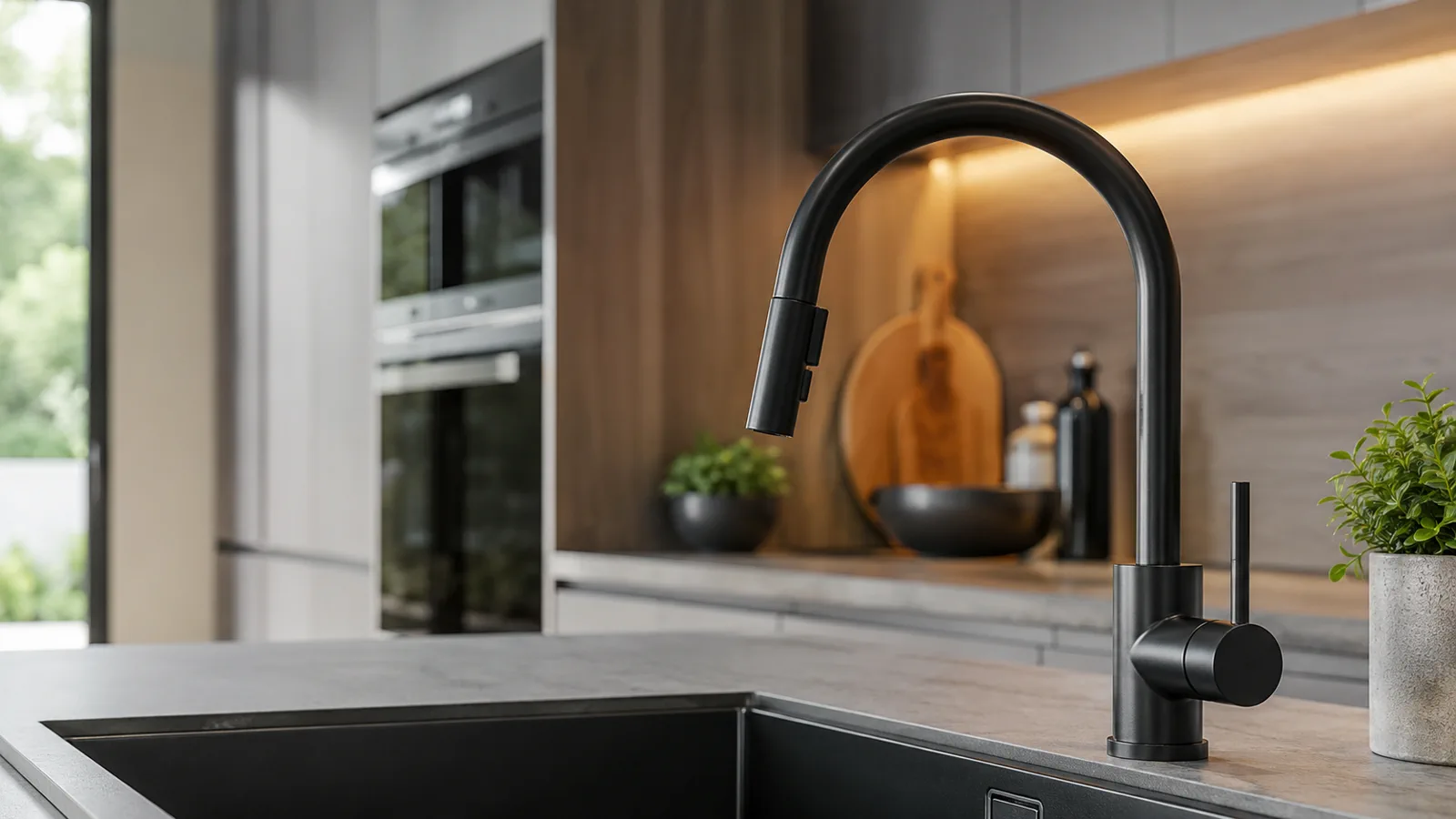 Grifo negro mate en cocina, tendencia de acabados oscuros para baños y cocinas en Tarragona