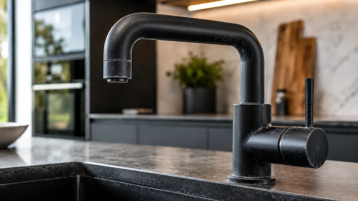 Grifo negro mate con marcas visibles de cal por agua dura en Tarragona