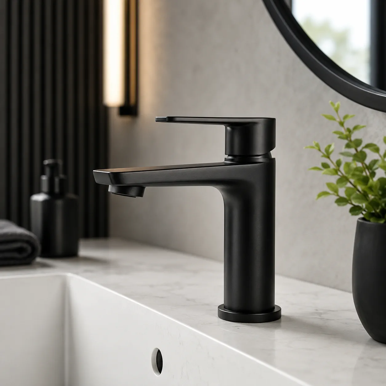 Grifo negro satinado en lavabo de baño para valorar acabado y mantenimiento en Tarragona
