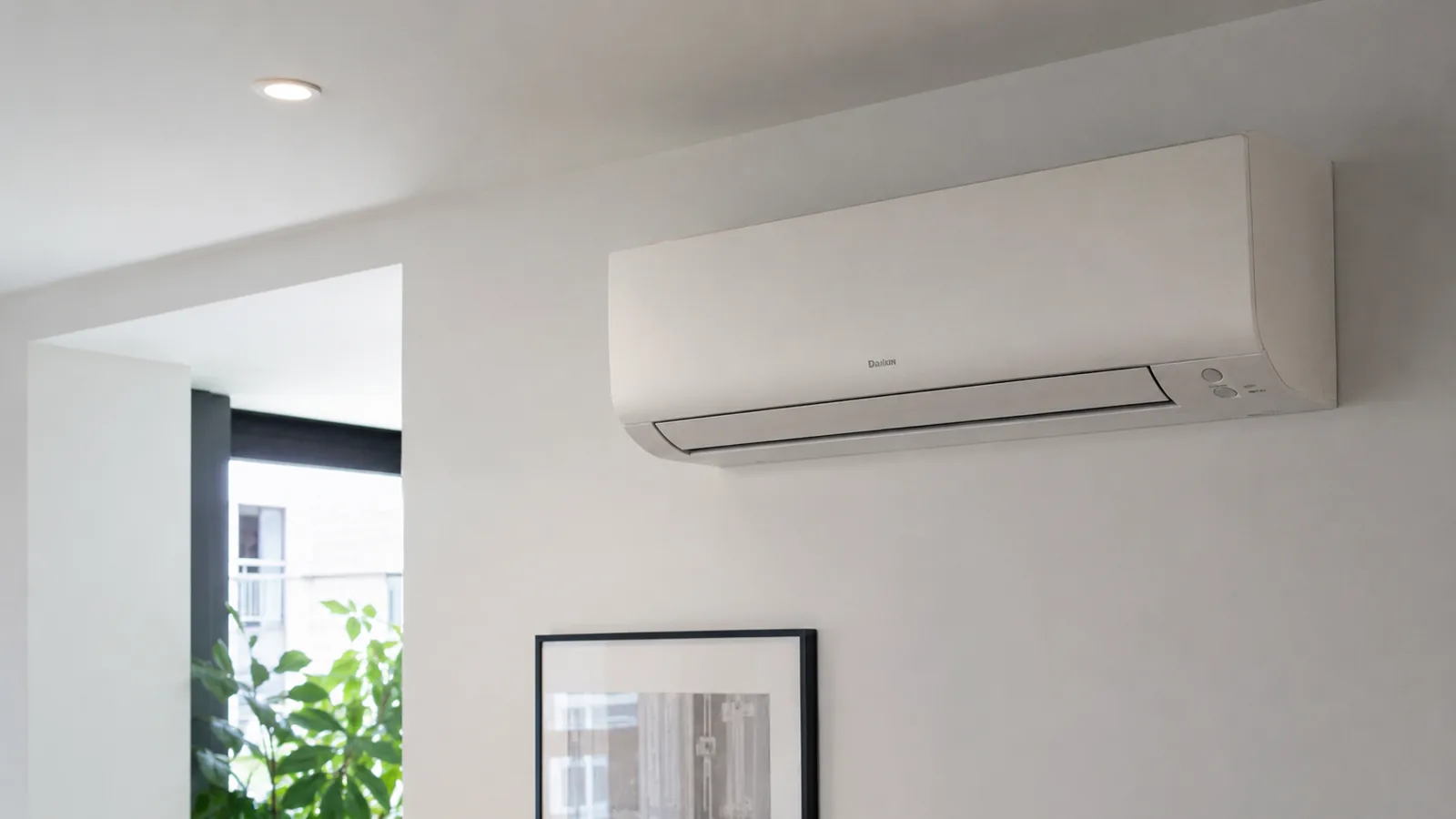 Split de aire acondicionado instalado en la pared de un salón