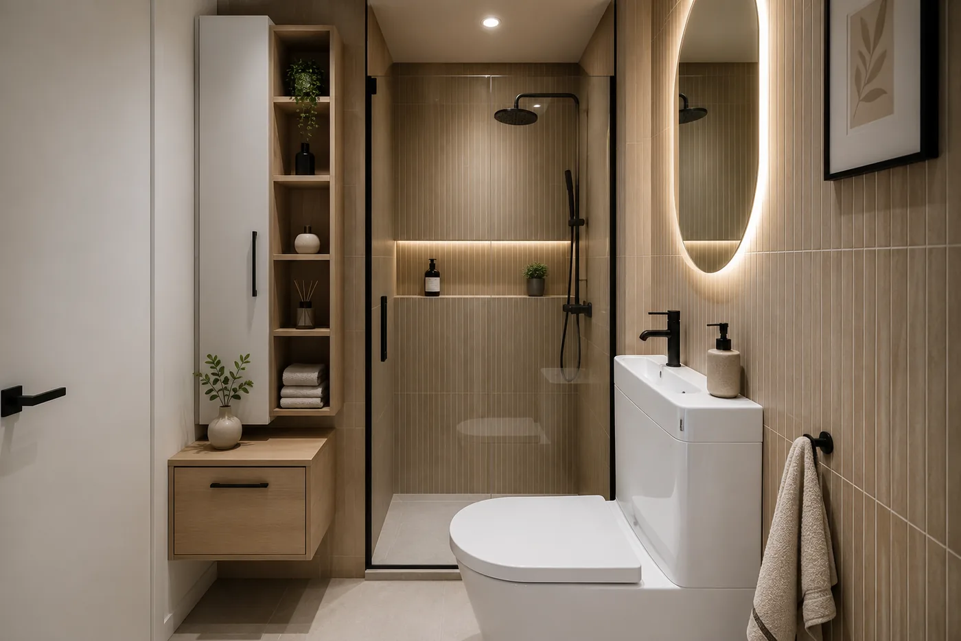 Baño pequeño con lavabo compacto junto al WC y ducha con mampara