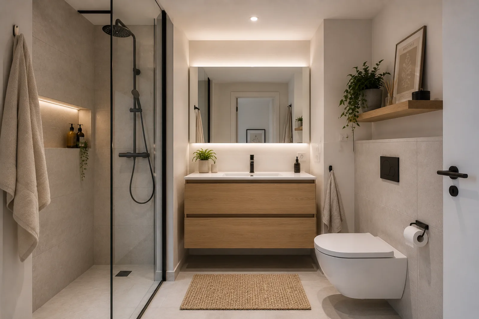 Baño reformado moderno con ducha, mueble suspendido e iluminación cálida