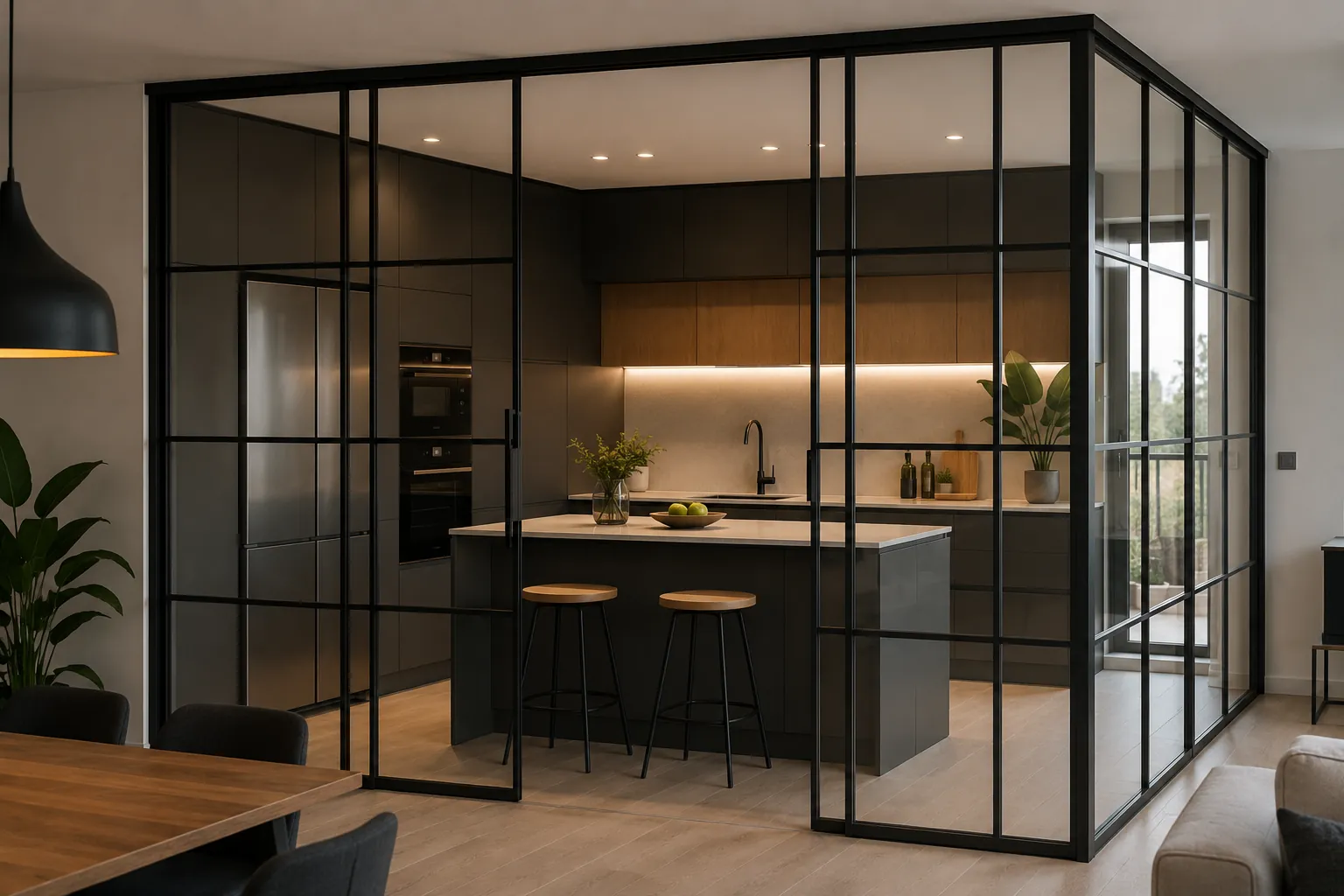 Cocina mixta con cerramiento de cristal para separar del salón