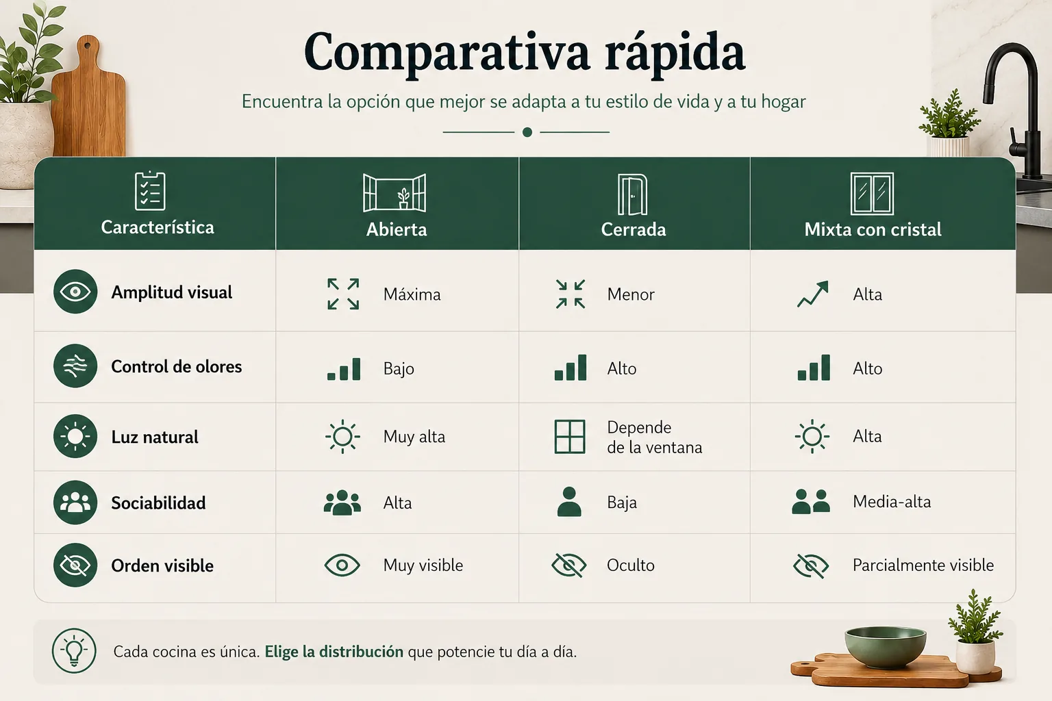 Comparativa entre cocina abierta, cerrada y mixta con cristal