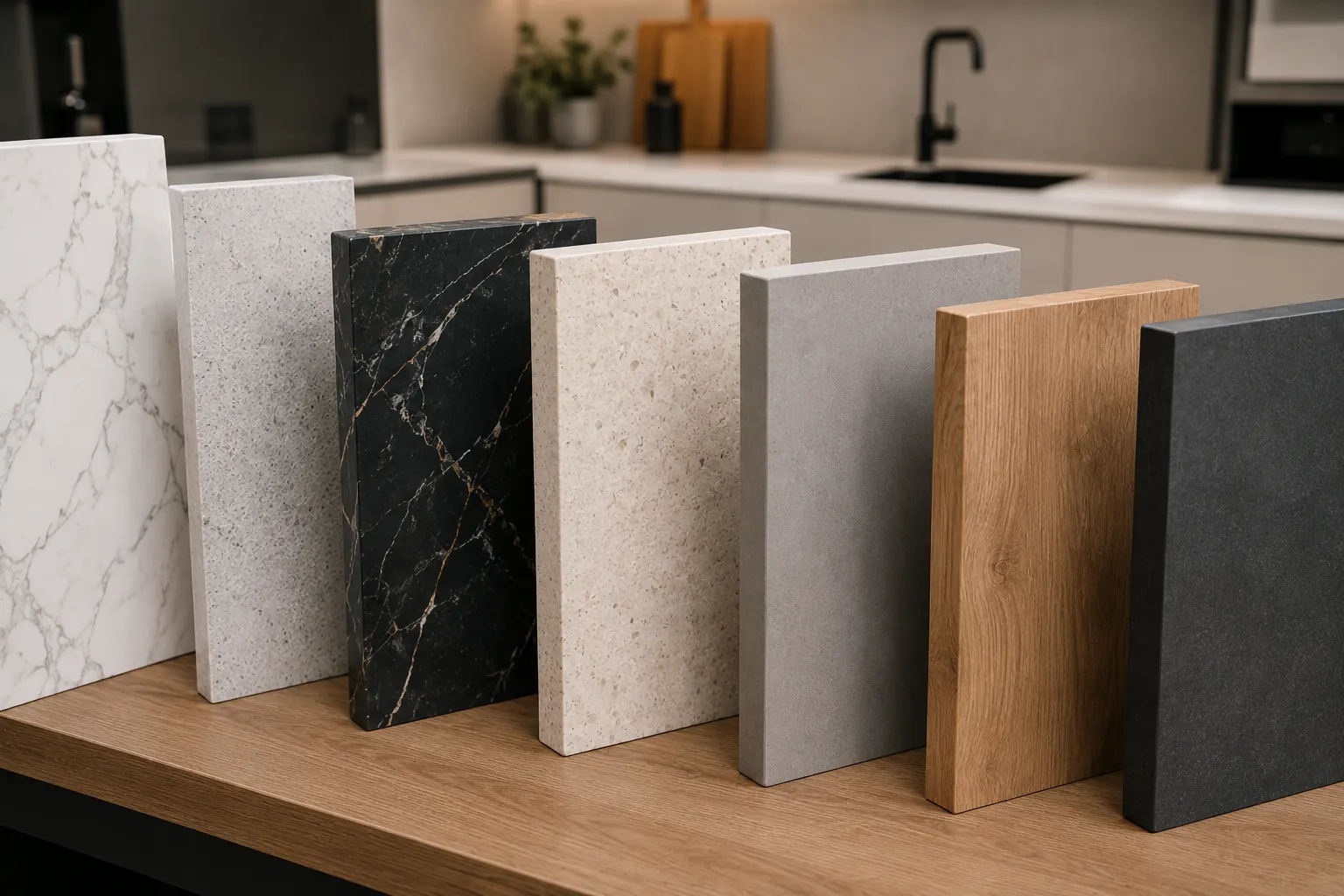 Muestras de encimeras de cocina para comparar materiales en una reforma