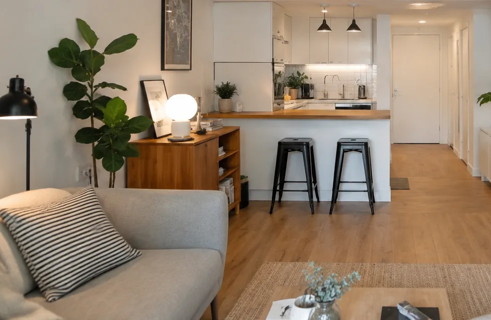 Salón con cocina abierta en piso pequeño para ganar amplitud visual