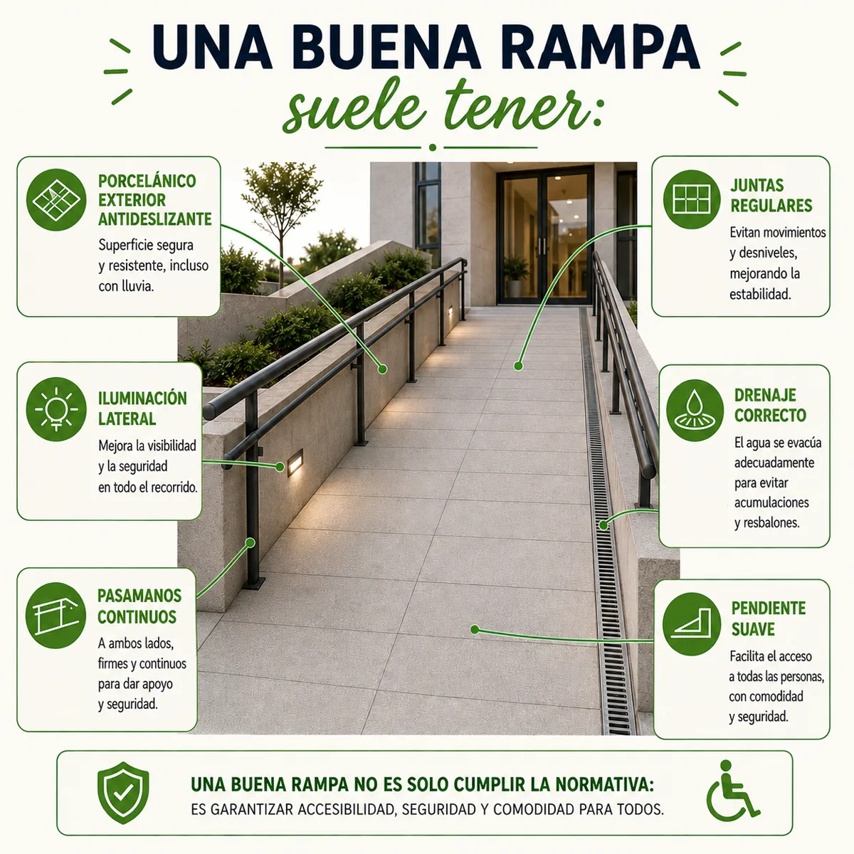 Infografía con elementos que debe revisar una buena rampa: pendiente, anchura útil, rellanos, pasamanos, pavimento antideslizante, protección lateral, iluminación y drenaje
