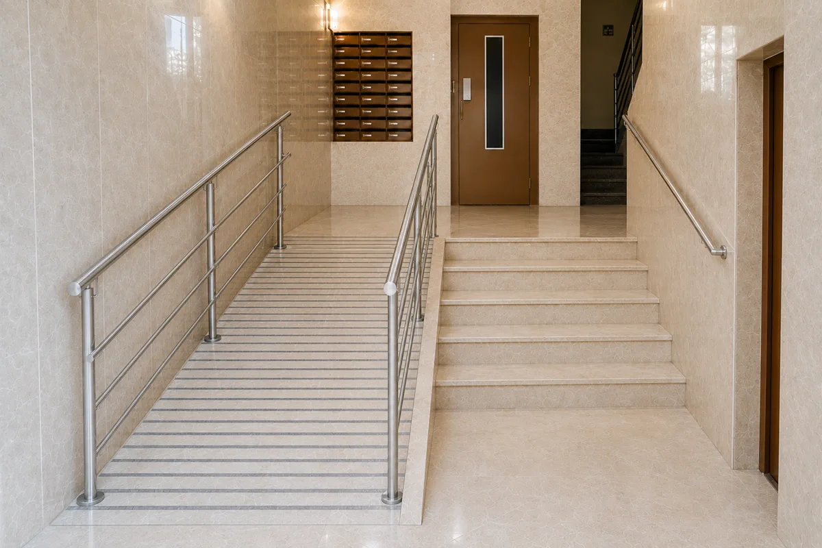 Vestíbulo del portal reformado con rampa accesible, escaleras laterales, pasamanos y recorrido interior adaptado para mejorar la accesibilidad.