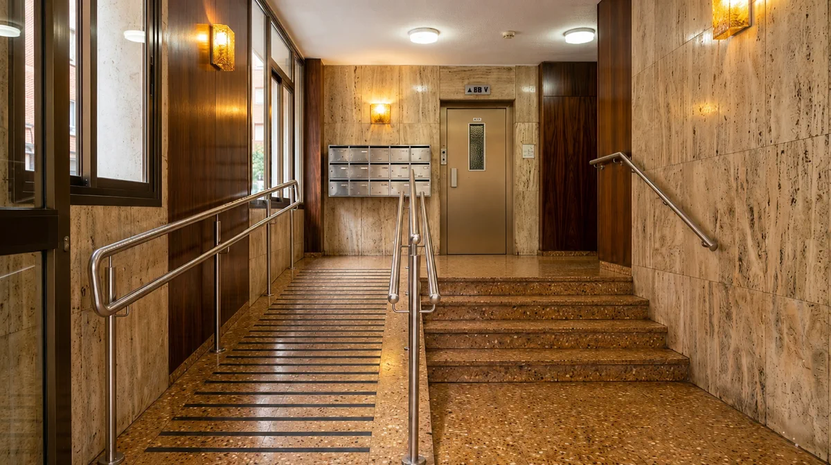 Vestíbulo del portal con rampa accesible junto a escaleras interiores, pasamanos metálicos y acceso adaptado en una comunidad de vecinos.