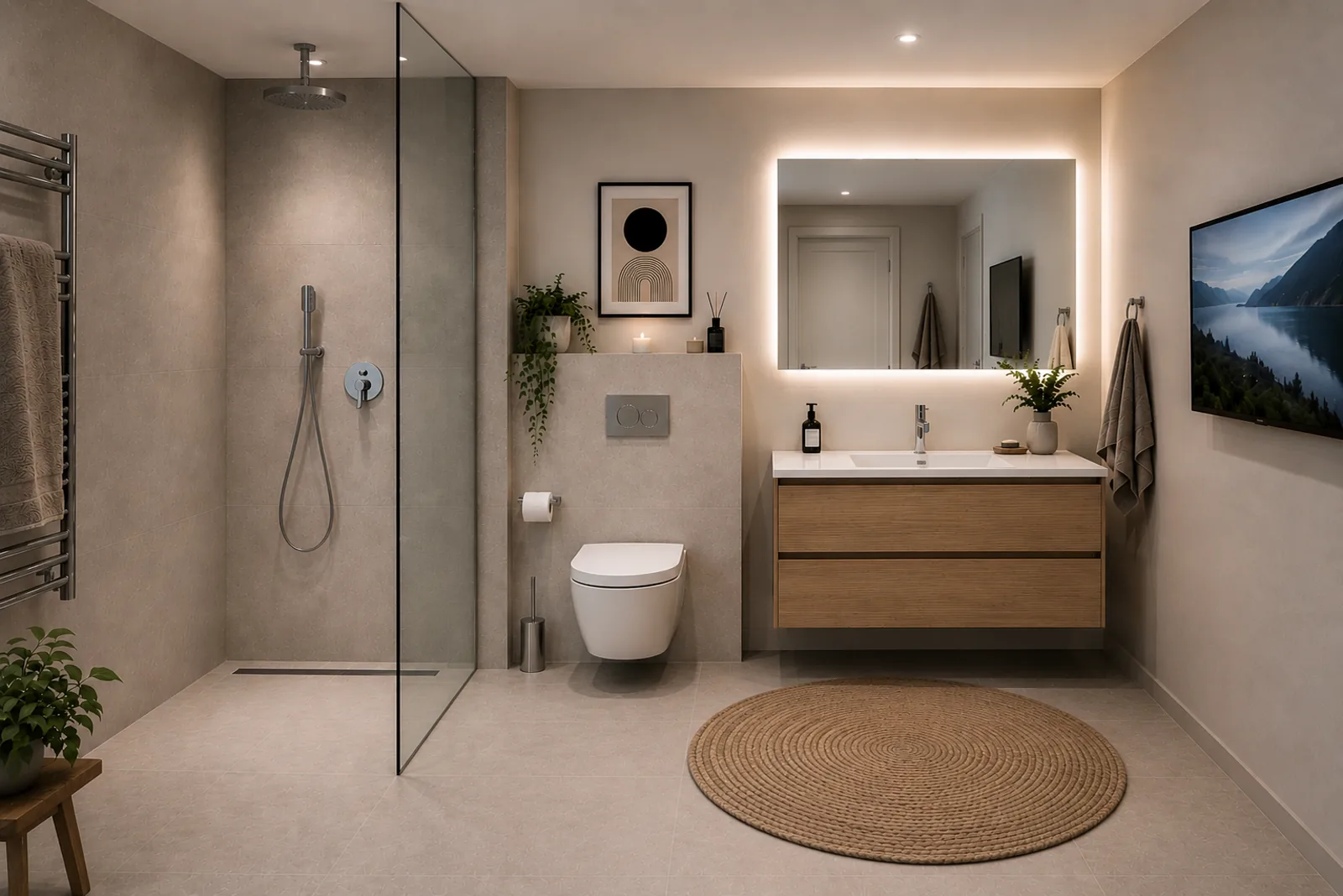Baño reformado con ducha de obra, mampara de cristal y mueble suspendido