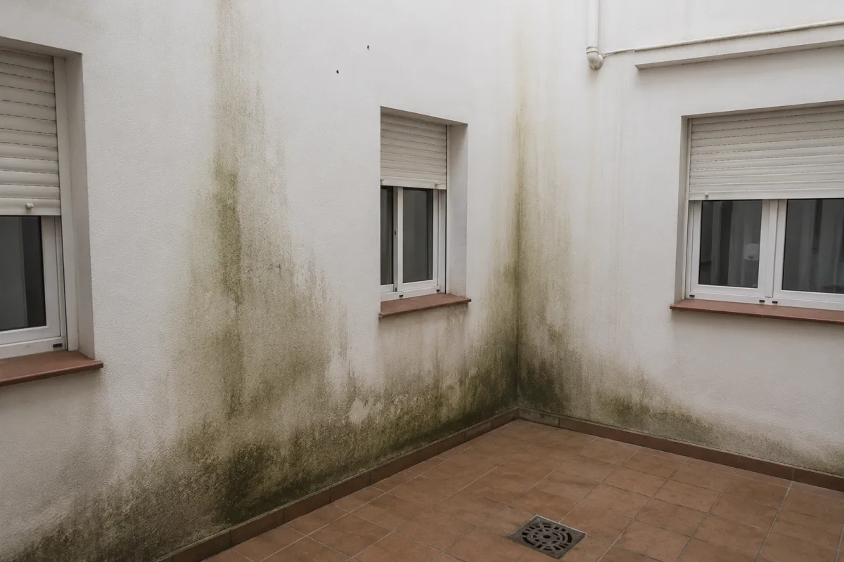 Humedad visible en un patio comunitario que requiere impermeabilización de cubierta, azotea o zona exterior