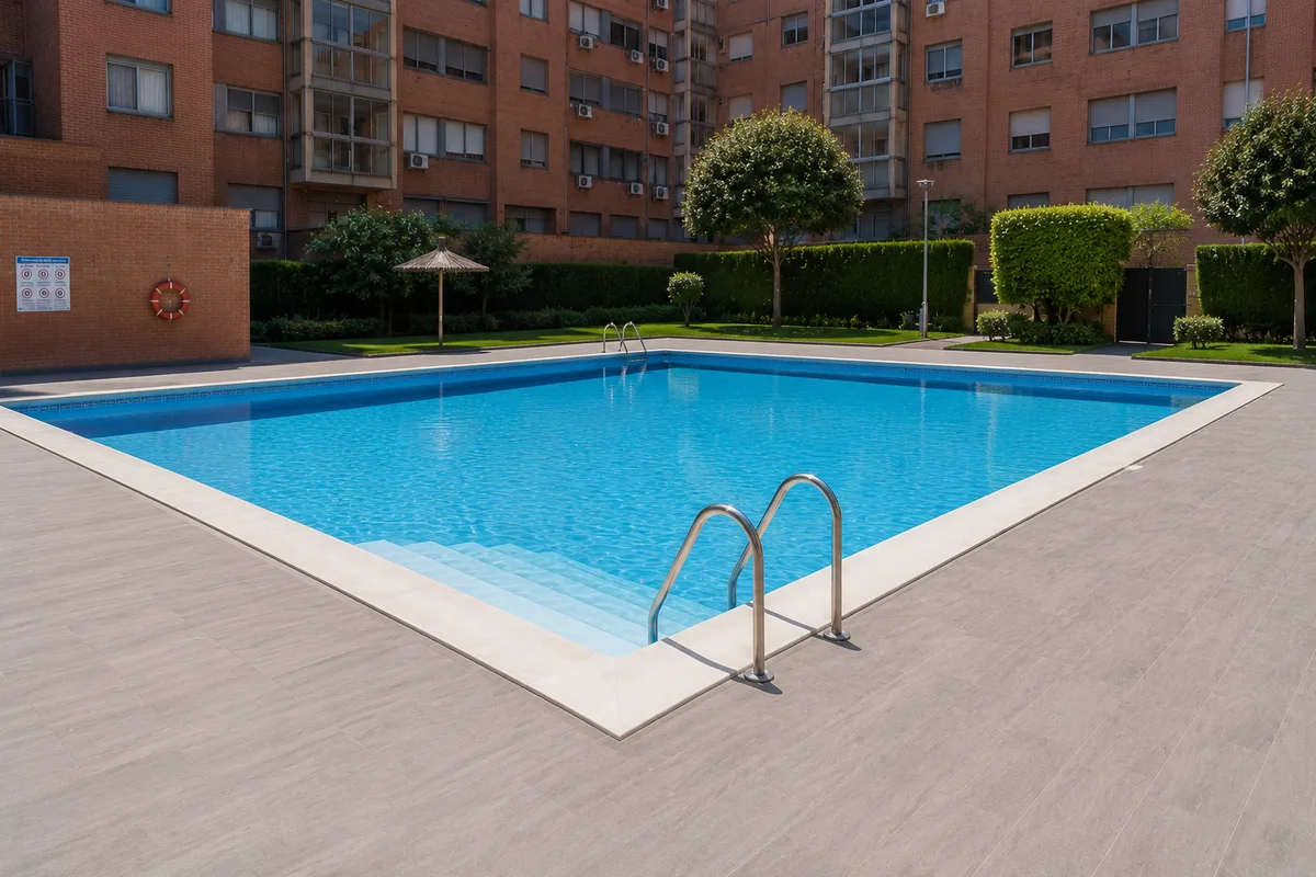 Suelo renovado alrededor de una piscina comunitaria como parte de una reforma de actualización de zonas comunes