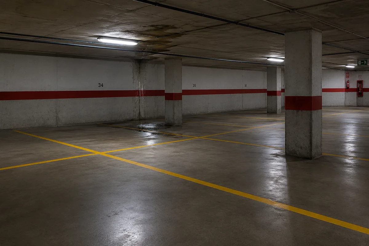 Fuga de agua en garaje comunitario con humedad y filtración visible en una comunidad de vecinos