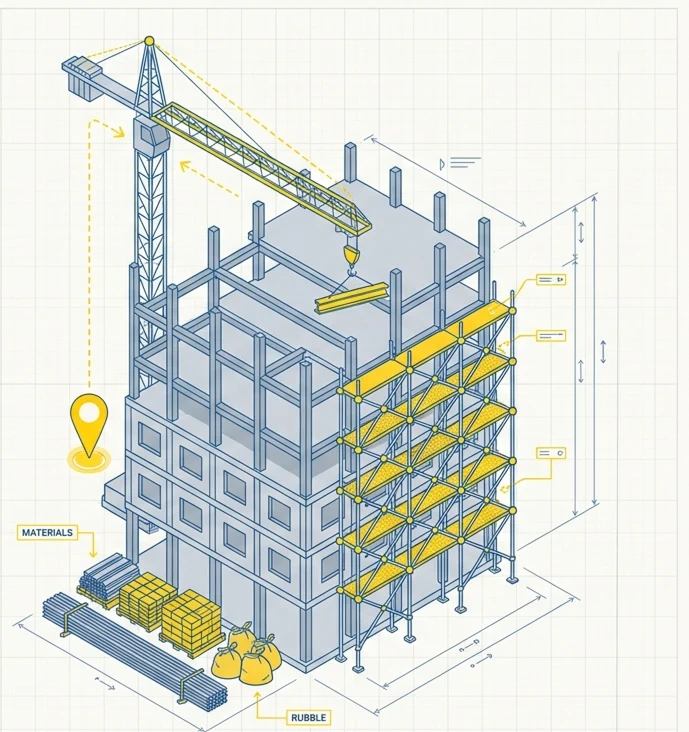 Edificio en construcción con grúa, andamios, materiales y sacos de escombros